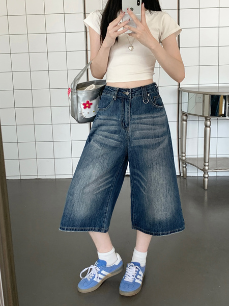 American High Street Hip Hop Fashion Brand Loose Cropped Jeans - Women's Retro Washed Dark Blue All-Matching Straight Wide Leg Pirate Shorts