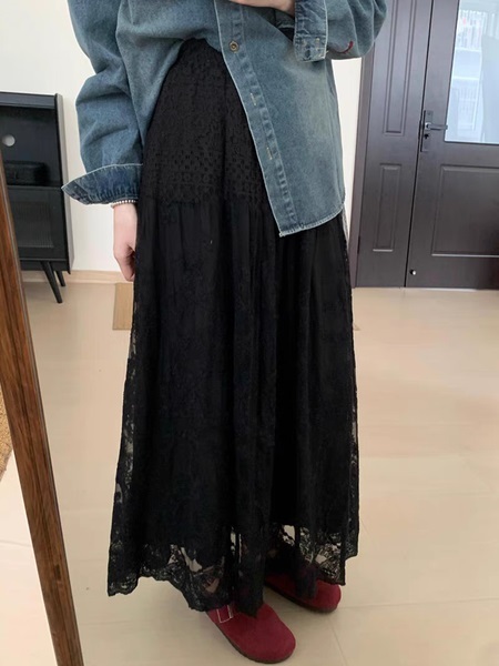 Huali New Chinese Style Lace Skirt in BLACK - 2025 Spring Women's Clothing High Waist Temperament Solid Color Waist Long Skirt