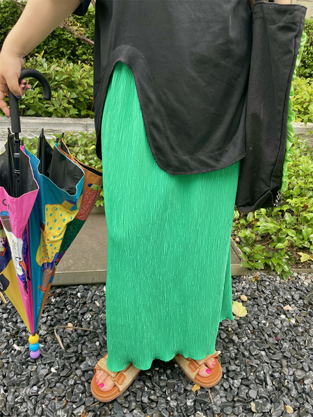 Love to Play by Jiujin Niche Wear Loose Casual Water Ripple Slim Pleated Skirt in GREEN - Large Size Skirt for Women