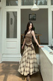 Hot-Selling Retro BEIGE Contrast Color Plaid Skirt - Women's Summer High Waist Versatile Casual Long Skirt A-Line Big Swing Umbrella Skirt