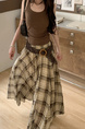 Hot-Selling Retro BEIGE Contrast Color Plaid Skirt - Women's Summer High Waist Versatile Casual Long Skirt A-Line Big Swing Umbrella Skirt
