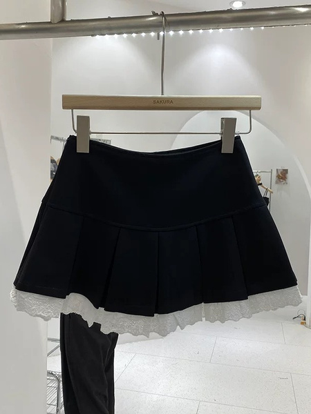 College Style SWEET BLACK Hot Girl Lace Edge Pleated Short Skirt - Female Summer Wear New Korean Style Age-Reducing Versatile Ruffle Skirt
