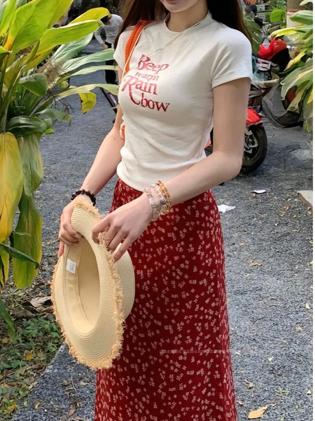Spot French Elegant Romantic Slim Red Floral Fishtail Skirt - 2025 Summer New Tea Break Skirt