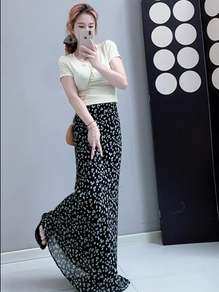 Spot French Elegant Romantic Slim BLACK Floral Fishtail Skirt - 2025 Summer New Tea Break Skirt