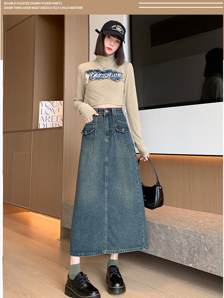 Real Shot Plus Size Women's Denim Skirt in DARK BLUE Wash Female New High Waist Retro Straight Loose A-Line Mid-Length Skirt