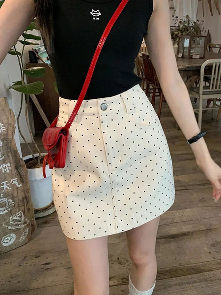 White Polka Dot Denim Skirt in CREAM Color Women's Summer 2025 New Design Sense High Waist A-Line Hot Girl Short Hip Skirt