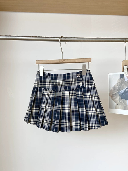American Retro Hottie Navy Plaid Pleated Skirt - Navy and White Summer Button Design College Style A-Line Skirt