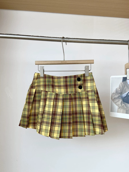 American Retro Hottie Yellow and Brown Plaid Pleated Skirt - Summer Button Design College Style A-Line Skirt