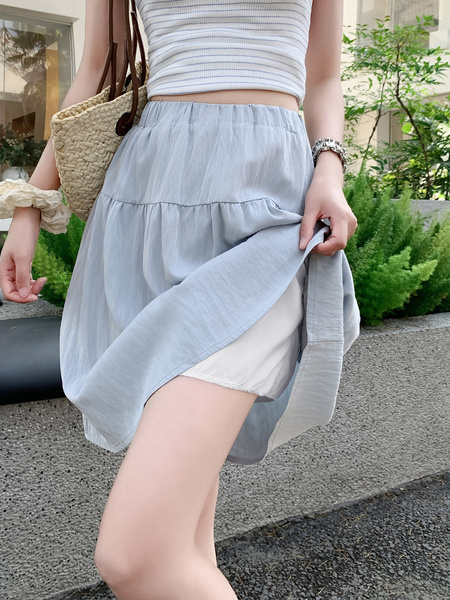 Korean Style Light Blue Super Fairy High Waist Slim A-Line Skirt - Women's Spring and Summer New Small Flower Bud Puffy Short Skirt