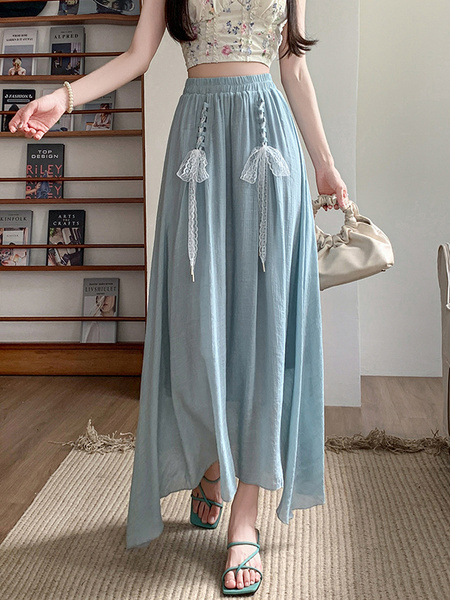 Light Blue Real Shot Spot Skirt for Women - Cotton and Linen, New Style Ruffled Cake Skirt, Long High Waist Umbrella Skirt, Fairy Mid-Length Design