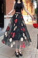 Black Floral Embroidery Long Skirt for Women - Elegant Tulle Design with Red and Pink Flowersv