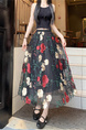 Black Floral Embroidery Long Skirt for Women - Elegant Tulle Design with Red and Pink Flowersv
