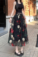 Black Floral Embroidery Long Skirt for Women - Elegant Tulle Design with Red and Pink Flowersv