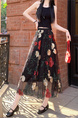 Black Floral Embroidery Long Skirt for Women - Elegant Tulle Design with Red and Pink Flowersv