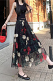 Black Floral Embroidery Long Skirt for Women - Elegant Tulle Design with Red and Pink Flowersv