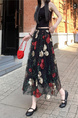 Black Floral Embroidery Long Skirt for Women - Elegant Tulle Design with Red and Pink Flowersv