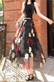 Black Floral Embroidery Long Skirt for Women - Elegant Tulle Design with Red and Pink Flowersv