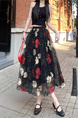Black Floral Embroidery Long Skirt for Women - Elegant Tulle Design with Red and Pink Flowersv