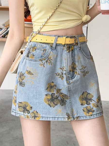 Light Blue Floral Stylish Denim Shorts Skirt for Women - Summer Trend 2025