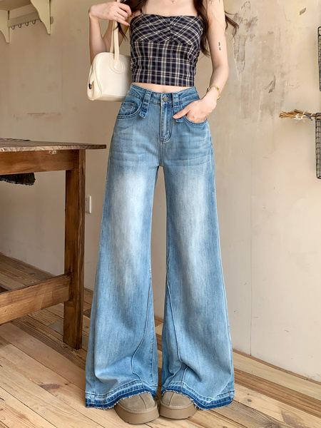 New Light Blue Jeans for Women - Loose Design Retro Washed Slightly Flared Mop Pants
