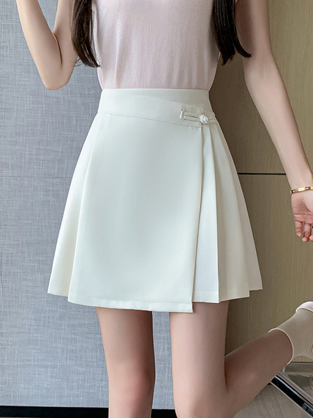 In Stock Skirt Women's 2025 Spring and Summer New Chinese Style Pleated Skirt A-Line Skirt Retro Belly Covering Skirt (Off-White)