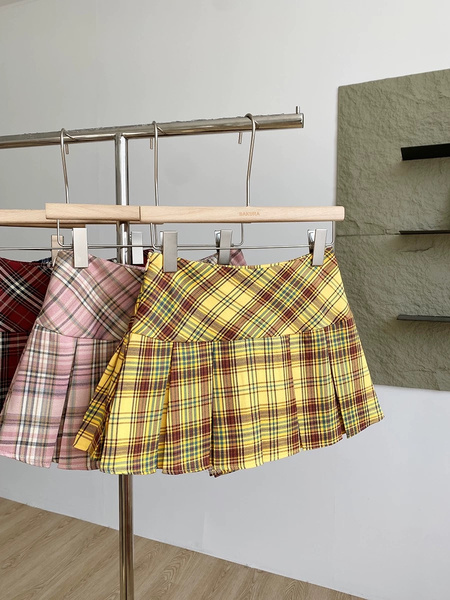 Temperament Yellow Plaid Pleated Short Skirt Women's Spring and Summer New Korean Style College Style Age-Reducing High Waist Anti-Exposure Skirt