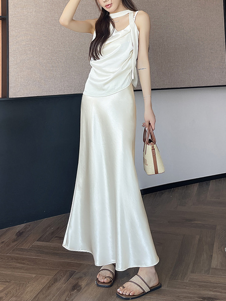 Acetate Satin Off-White Skirt for Women Summer 2025 New Style High-End Temperament Slim A-Line Long Skirt Hip Fishtail Skirt