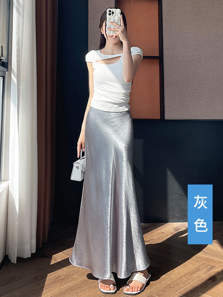 Acetate Satin Grey Skirt for Women Summer 2025 New Style High-End Temperament Slim A-Line Long Skirt Hip Fishtail Skirt