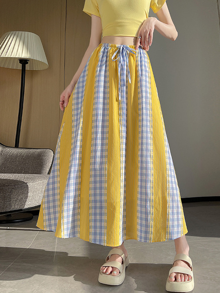 Real Shot French Style Yellow and Blue Color Contrast Patchwork Plaid Skirt Women's Summer A-Line Umbrella Skirt High Waist Slimming