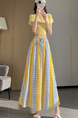 Real Shot French Style Yellow and Blue Color Contrast Patchwork Plaid Skirt Women's Summer A-Line Umbrella Skirt High Waist Slimming