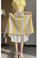 Real Shot French Style Yellow and Blue Color Contrast Patchwork Plaid Skirt Women's Summer A-Line Umbrella Skirt High Waist Slimming