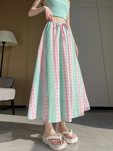 Real Shot French Style Mint Green and Pink Color Contrast Patchwork Plaid Skirt Women's Summer A-Line Umbrella Skirt High Waist Slimming