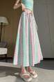 Real Shot French Style Mint Green and Pink Color Contrast Patchwork Plaid Skirt Women's Summer A-Line Umbrella Skirt High Waist Slimming