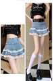 Denim Skirt Women's Summer Light Blue Lace Denim Skirt Puffy Skirt Cake Dress A-Line Skirt