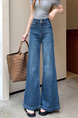 Real Shot Cost-Effective Light Blue Straight Micro Elastic Denim Trousers Female Waist First Two Buttons Retro Washed Wide Leg Mop Pants