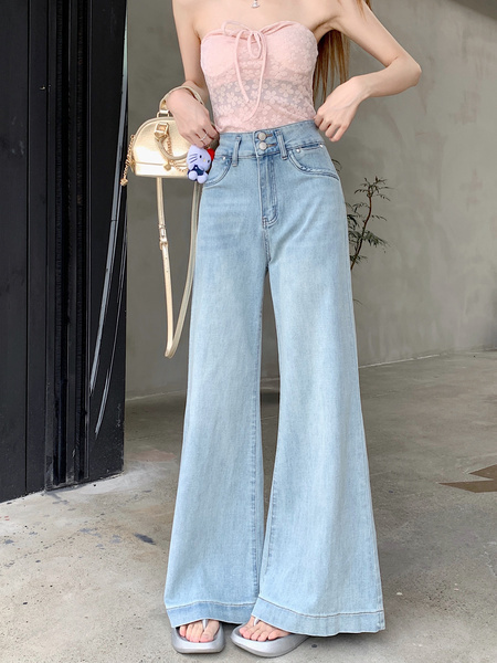 Real Shot Cost-Effective Light Blue Straight Micro Elastic Denim Trousers Female Waist First Two Buttons Retro Washed Wide Leg Mop Pants