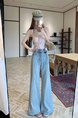 Real Shot Cost-Effective Light Blue Straight Micro Elastic Denim Trousers Female Waist First Two Buttons Retro Washed Wide Leg Mop Pants