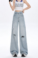 American Retro Ripped Cool Jeans Women's Summer New Versatile High Waist Wide Leg Small Mop Pants in Light Blue