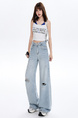 American Retro Ripped Cool Jeans Women's Summer New Versatile High Waist Wide Leg Small Mop Pants in Light Blue
