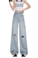 American Retro Ripped Cool Jeans Women's Summer New Versatile High Waist Wide Leg Small Mop Pants in Light Blue