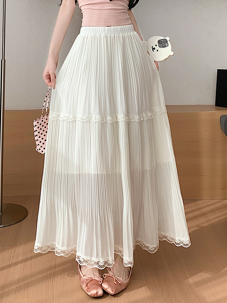 Real Shot 2025 Summer Light Cream Lace Skirt - Women's High Waist Dropping A-Line Umbrella Skirt