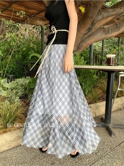SE Xiuxixi High Waist Slim Plaid Skirt - Women's Medium Long Light Blue and White A-Line Chiffon Drape Umbrella Skirt for Women
