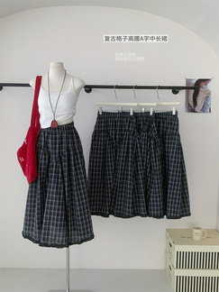 Fashion Retro Plaid Skirt in Navy Blue for Women 2025 Summer New Style High Waist Slim A-line Long Skirt