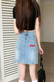 Real Shot Korean Style Sense of Design Letter Embroidery Plus Size Slimming Denim Skirt for Women A-line Hip-Wrapped Skirt Summer in Light Blue.