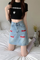 Real Shot Korean Style Sense of Design Letter Embroidery Plus Size Slimming Denim Skirt for Women A-line Hip-Wrapped Skirt Summer in Light Blue.