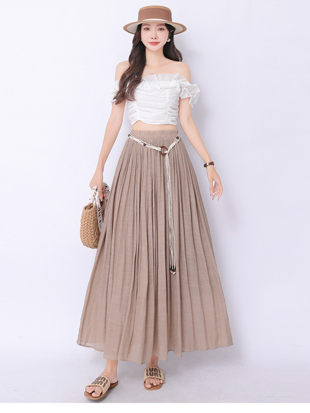 Real Shot Retro Cotton and Linen Skirt for Women 2025 Summer High Waist Slimming Drape A-line Large Hem Umbrella Skirt Pleated Dress in Beige.