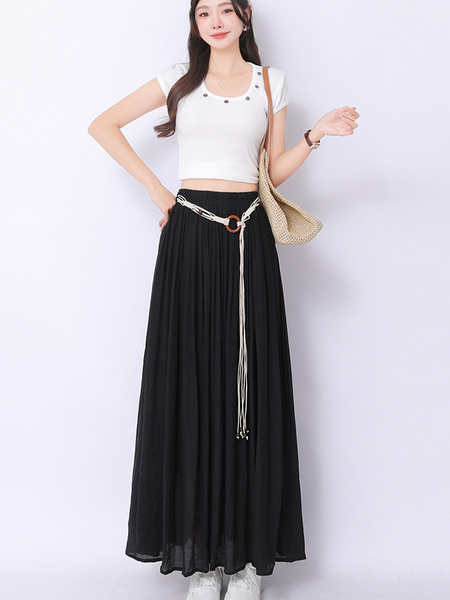 Real Shot Retro Cotton and Linen Skirt for Women 2025 Summer High Waist Slimming Drape A-line Large Hem Umbrella Skirt Pleated Dress in Black.