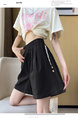 Real Shot Embroidered Button A-Line Shorts in Black - Women's Summer High Waist Slim Wide Leg Pants Sports Casual Versatile Elastic Waist Pants