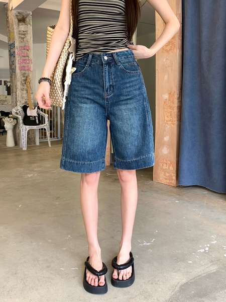 Real Shot Cost-Effective Summer New Fifth Jeans - Women's Retro Washed Dark Blue Loose Straight Casual Pirate Shorts