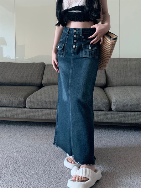 In Stock Spring and Summer New Dark Blue Denim Skirt - Women's Pear-Shaped Figure Mid-Length Slimming Frayed A-Line Skirt